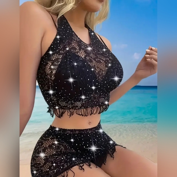 Black Sparkle Women's Swim Coverup Set Preppy Clueless (#1,340) - Picture 3 of 5